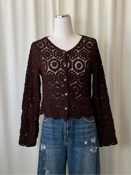 Rebellion Again Sweaters - Brown Crochet Knit Cardigan Top Size Medium Long Sleeve Button Up Boho.
